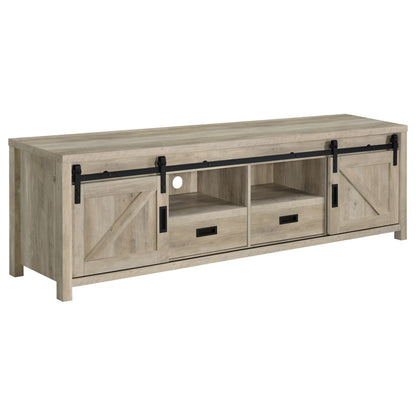 Coaster Home Furnishings - Madra - Engineered Wood - 79-Inch 2-Door TV Stand with Sliding Barn Doors, Open Shelves - Living Room - Distressed Pine - 736263