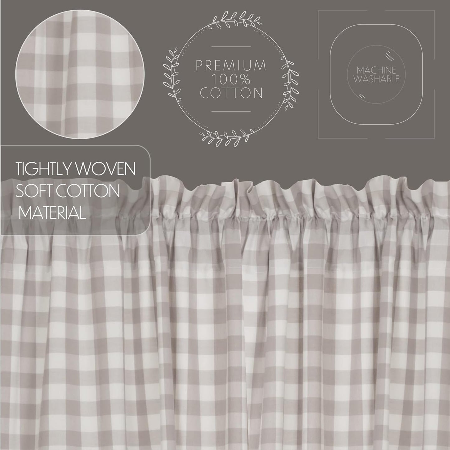 VHC Brands Annie Buffalo Check Farmhouse Kitchen Window Curtains, Lined Valance, 16x60, White & Grey
