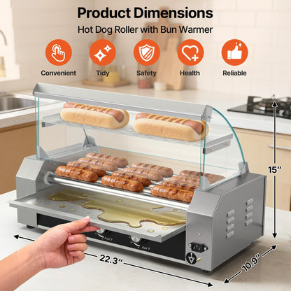 Seeutek Hot Dog Roller 5 Rollers 18 Hot Dogs Capacity 1100W Stainless Hot Dog Toaster, Hot Dog Machine W/Dual Temperature Control Glass Hood Acrylic Cover Warmer Shelf Removable Oil Drip Tray