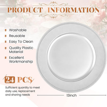 24 Pcs Silver Charger Plates Bulk,13" Round Beaded Plate Chargers for Dinner Plates, Decorative Dinner Charger Plastic Table Chargers for Wedding Holiday Party Baby Shower Event Decoration (Silver)