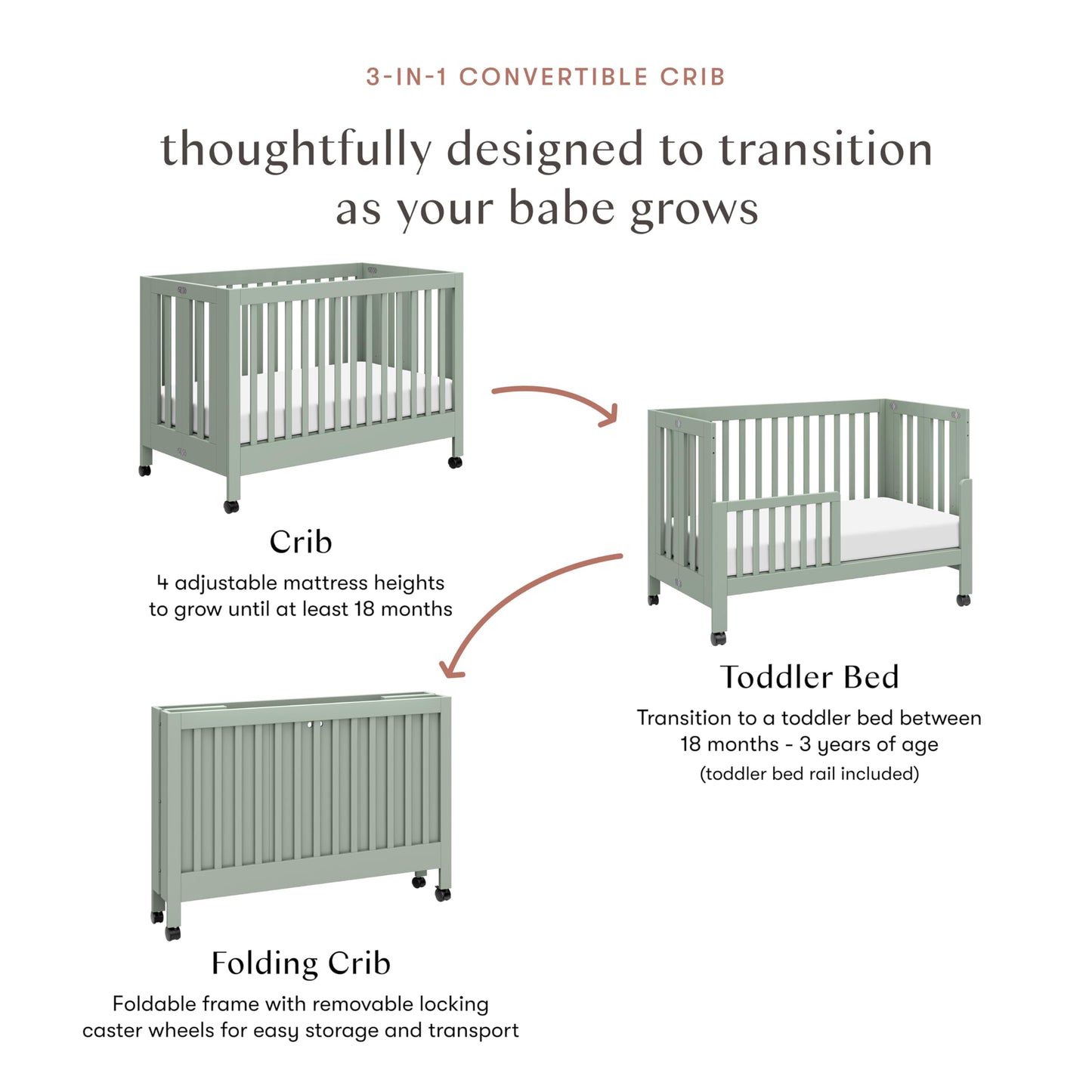 Babyletto Maki Full-Size 2-in-1 Portable Folding Crib with Toddler Bed Conversion Kit in Light Sage, Greenguard Gold Certified