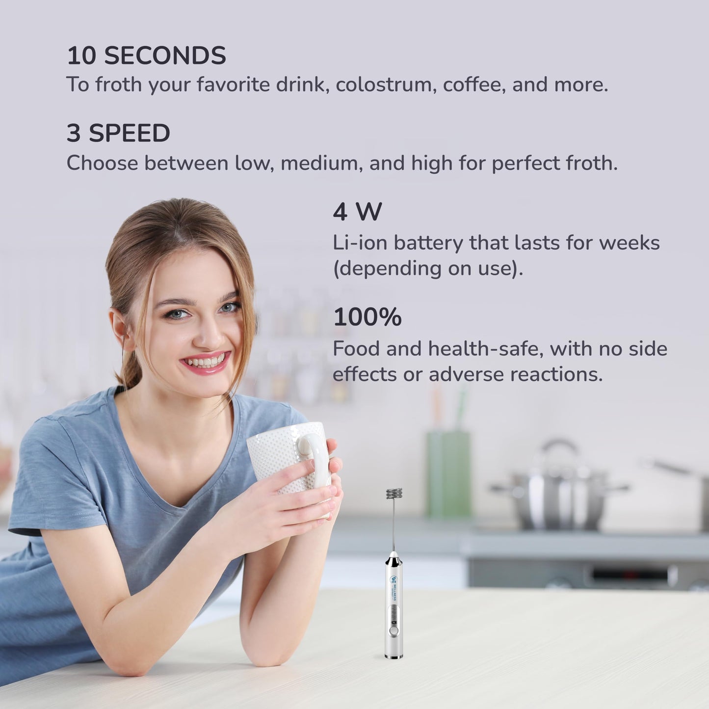 Wellness Extract Multi-Speed Rechargeable Electric Milk Frother, Li-ion Battery Powered – Certified Safe, Ideal for Coffee, Matcha, Protein & Colostrum