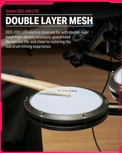 Electric Drums, Donner DED-200 LITE Electronic Drum Kit for Beginner with 450+ Sounds, USB MIDI, Quiet Mesh Pads, Throne, Headphones, Sticks and 40 Melodics Lessons