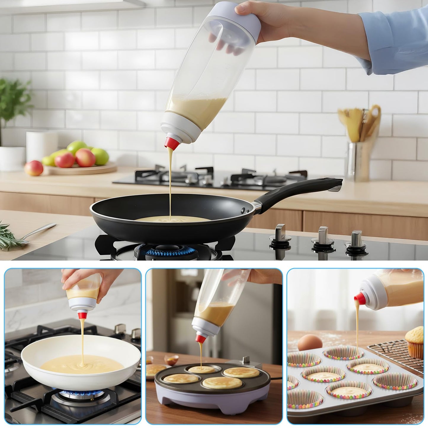 2-Pack Pancake Batter Dispenser and Mixer Bottles with Whisk Balls, 1000ml Large Capacity Squeeze Bottle for Pancakes, Cupcakes, Muffins, Crepes - Dishwasher Safe Baking Tool