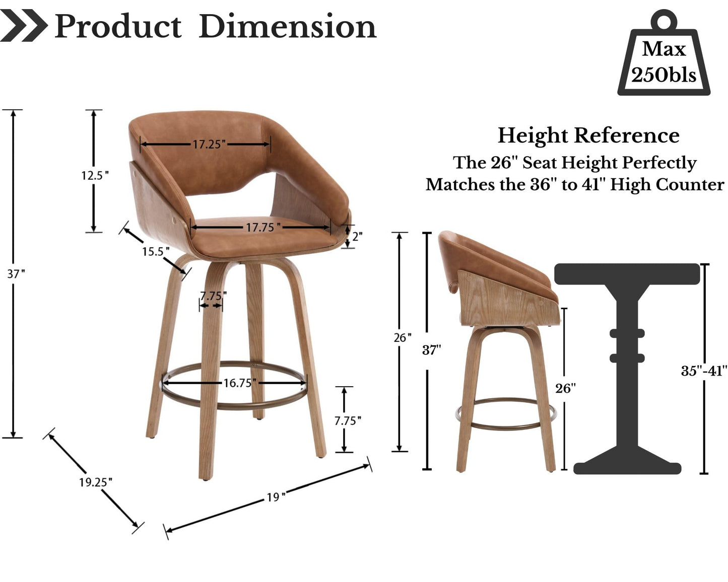 HNY 26 Inch Swivel Bar Stools with Back Set of 4, Brown Faux Leather Upholstered Counter Height Barstools with Solid Bentwood Frame, Round Footrest, Modern Barrel Counter Stools for Kitchen Island