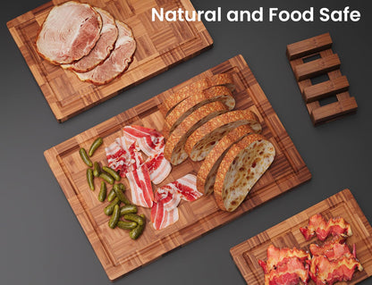 Fibogollo Bamboo Cutting Boards for Kitchen,Chopping Boards Set with Juice Groove,End Grain Bamboo Butcher Block,Serving Board with Holder(3 Pcs)