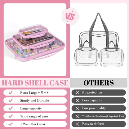 3 Pack Bag(3 Pink Extra Large Zippered Hard Shell Pouch,Clear Plastic Case,Hard Sided Case for Storage Bags,Portable