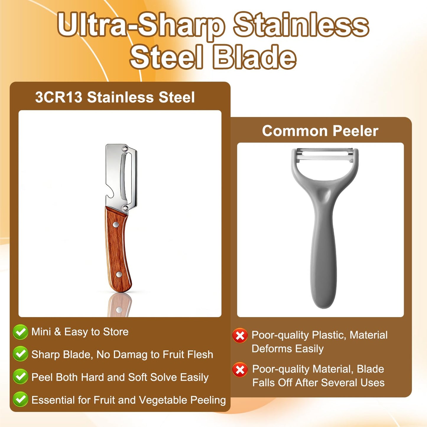 Multi-Functional Vegetable Peeler for Kitchen, With Wooden Handle and Bottle Opener, Comfortable and non-slip handle Stainless Steel Blade Easy to Clean for Fruit Potato Pumpkin Papaya (2 PCS)