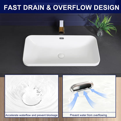 KMOEM Vessel Sink 32"x17" Semi Recessed Bathroom Sink Drop-in Bathroom Sink Support Dual Faucet Installation White Porcelain Ceramic Modern Rectangular Vanity Sinks with Overflow