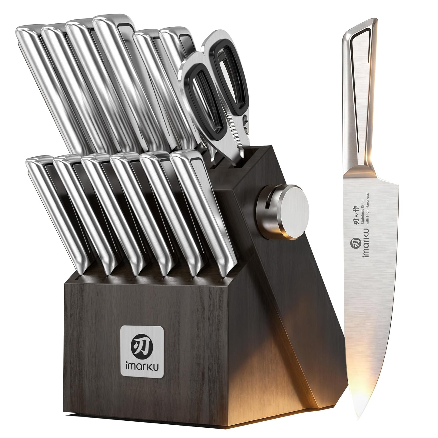 imarku Japanese High Carbon Stainless Steel Knife Set with Block, Precision-Forged Gyutou Kitchen Knives with Built-in Sharpener, Ultra-Sharp 10–15° Edge, Ergonomic Non-Slip Handle, Dishwasher Safe