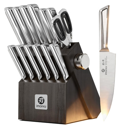 imarku Japanese High Carbon Stainless Steel Knife Set with Block, Precision-Forged Gyutou Kitchen Knives with Built-in Sharpener, Ultra-Sharp 10–15° Edge, Ergonomic Non-Slip Handle, Dishwasher Safe