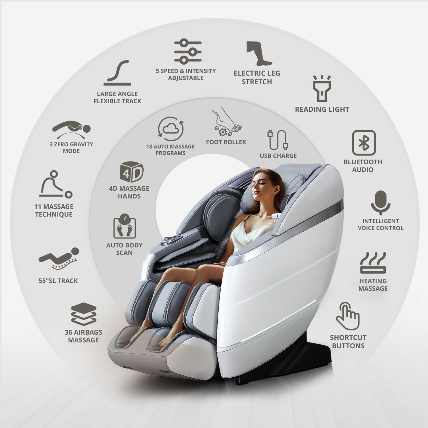 HealthRelife 4D Massage Chair Full Body, 166° Flexible Track, 18 Modes, 11Technique, 36 Airbag Massage, with Yoga Stretch, Foot Massage, Zero Gravity Massage Recliner（Grey）