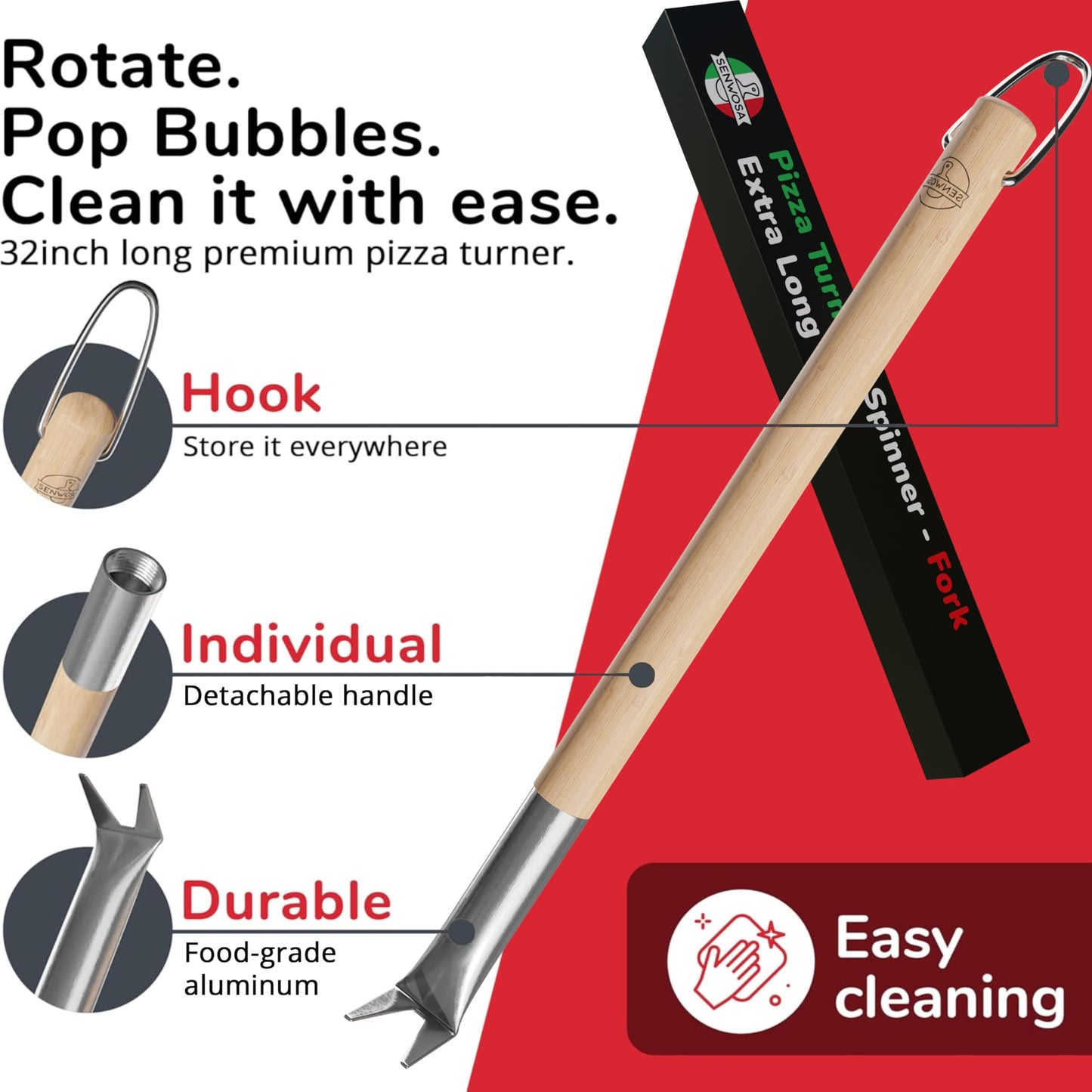 Senwosa Pizza Oven & Stone Brush with Scraper, Turning Fork & Bubble Popper Bundle - Essential Accessories & Tools for Any Pizza Oven