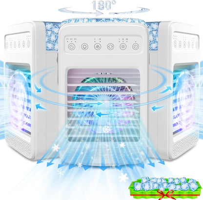 Portable Air Conditioners, 180° Oscillation Mini AC, 4 Wind Speed, Built-in Ambient Light, Large Water Tank for