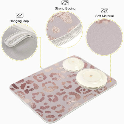 OREZI Absorbent Dish Drying Mat, Rose Golden Leopard Print, 16 x 18 Inches for Kitchen Counter