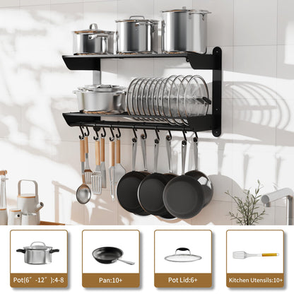 YIGII Pot and Pan Organizer with 12 Anti-Drop Hooks, 2 Tier Heavy Duty Pot Rack Wall Mounted, Kitchen Cookware Utensils Hanger Organizers and Storage
