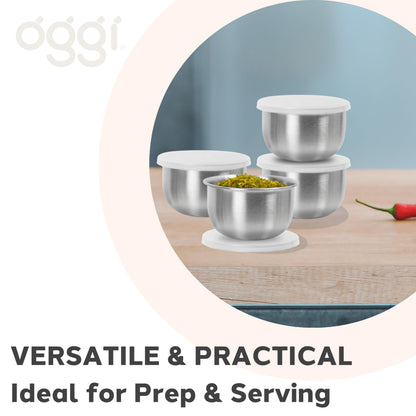 OGGI Set of 4 Stainless Pinch Bowls - 4 fl oz with Lids, Ideal Salt & Pepper Bowls, Mini Storage Bowls, White Lid