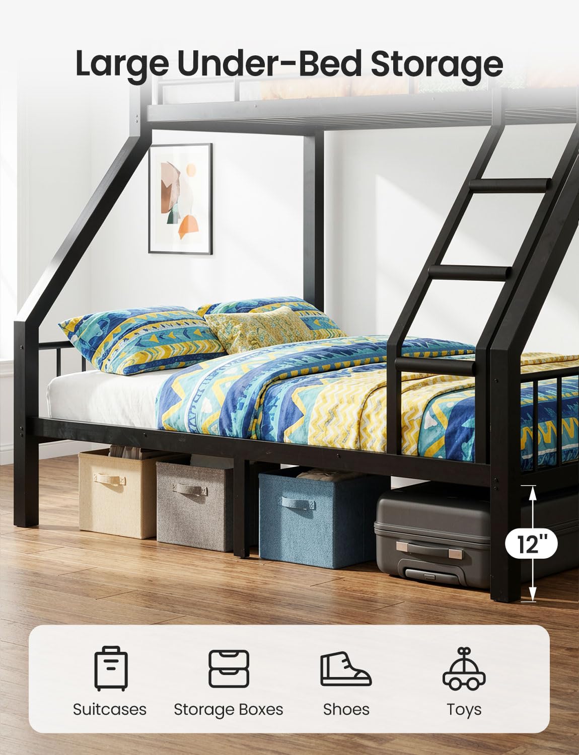 Mixcous Twin XL Over Queen Bunk Bed, Heavy Duty Queen Bunk Bed for Adults, Metal Bed Frame with Full-Length Guardrails & EVA Padded Anti-Slip Ladder, No Box Spring Needed, Black