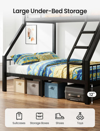 Mixcous Twin XL Over Queen Bunk Bed, Heavy Duty Queen Bunk Bed for Adults, Metal Bed Frame with Full-Length Guardrails & EVA Padded Anti-Slip Ladder, No Box Spring Needed, Black