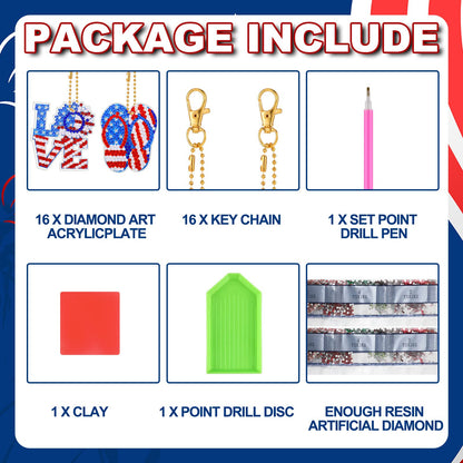 Sasylvia 16 Pcs 4th of July Diamond Painting Keychains Patriotic Diamond Art Kit Gnome Painting Ornaments American Flag Red Blue White DIY Craft 250th Anniversary Decorations for Adult