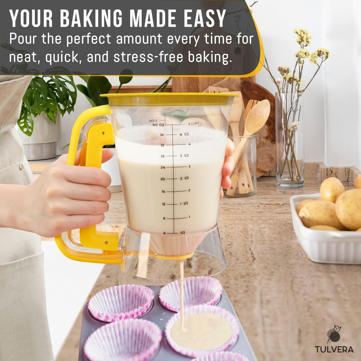 Pancake Batter Dispenser | 5-Cup Mix Pourer for Pancakes, Waffles, Crepes, Muffins, Cupcakes | Squeeze Handle, Portion Control Pitcher, Durable Drip-Free Design | Baking Accessories (Classic Yellow)