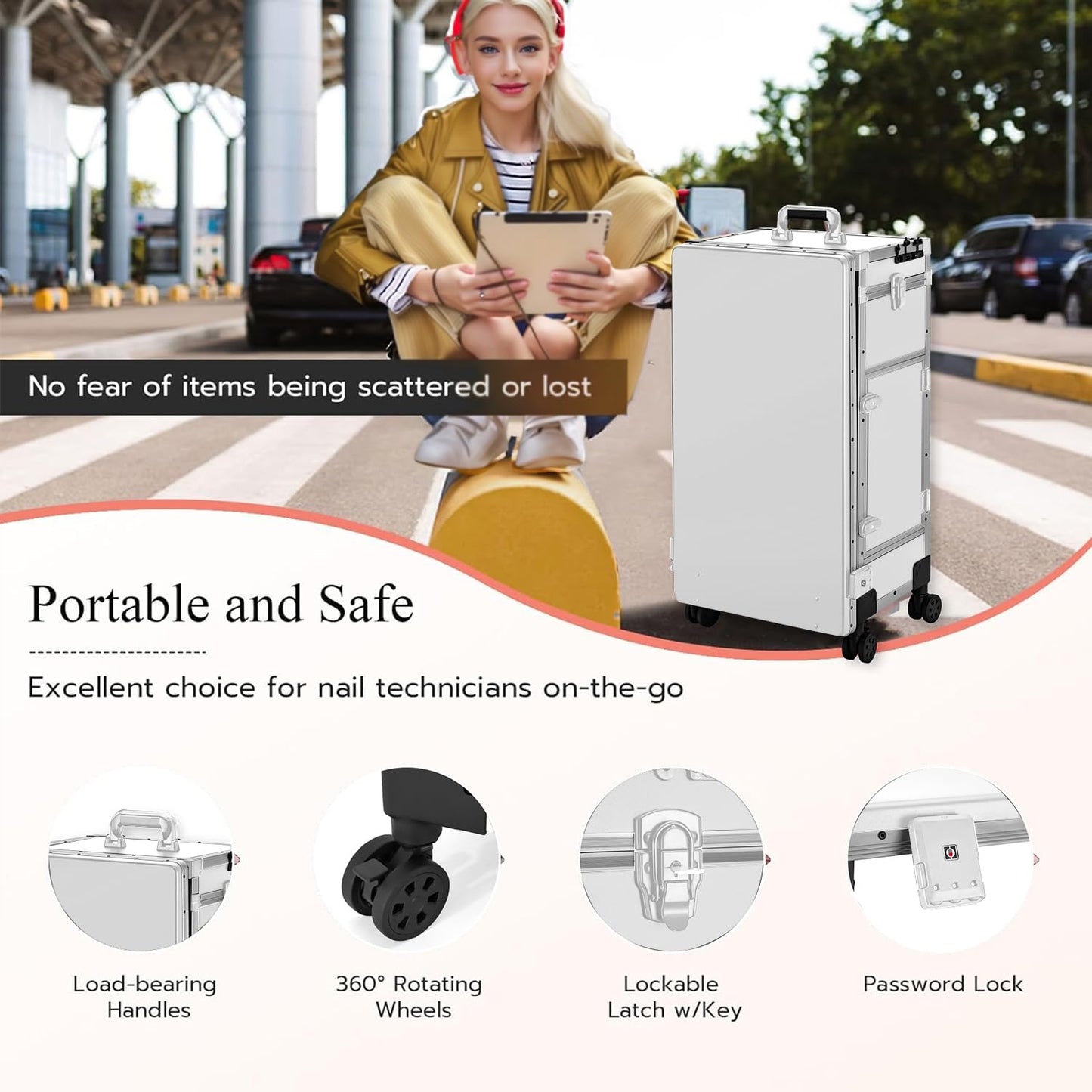 Gdsshuhung Portable Nail Desk with LED Mirror, Heavy Duty Foldable Manicure Table with 3 Drawers, Rolling Makeup Train Case Cosmetology Trolley on Wheels, Mobile Nail Tech Workstation (White)