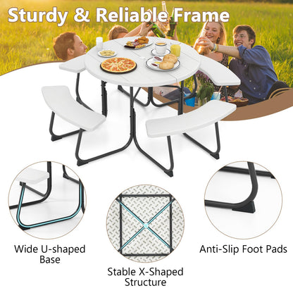 HAPPYGRILL 8-Person Picnic Table Bench Set with Umbrella Hole, 43” Outdoor Dining Table w/4 Benches, Wood-Like Texture Tabletop, Stable U-Shaped Base, Round Table for Backyards, White