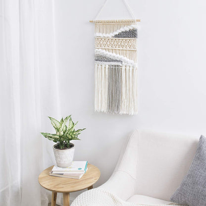 Mkono Macrame Wall Hanging Woven Boho Decor Gray Yarn Fringe Tassel Handmade Home Decoration for Bedroom Living Room Dorm Nursery Apartment, 12''W x 24.5''L