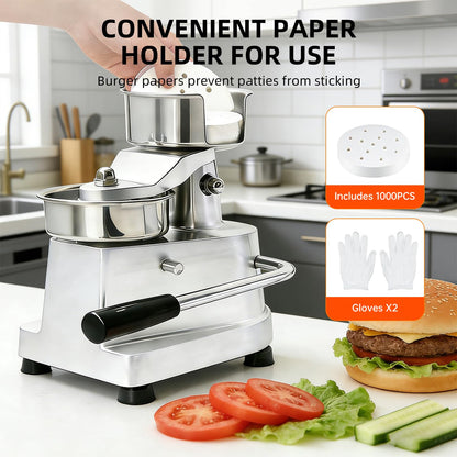 CHEF KEY Commercial Burger Patty Maker, 5inch/130mm Heavy Duty Food-Grade Stainless Steel Bowl Press with 1000 Patty Papers for Restaurants, Home Kitchens (5 inch)
