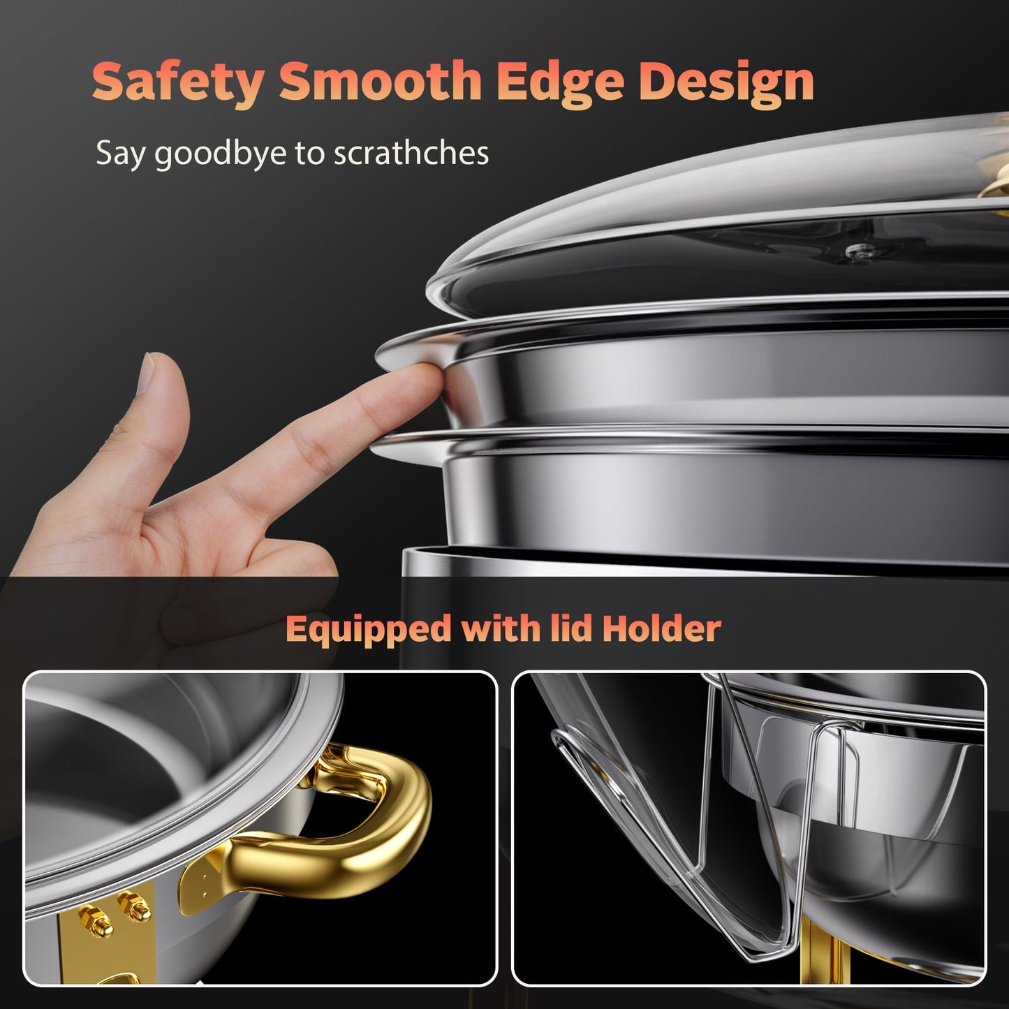 6QT Chafing Dishes for Buffet, 4 Pack Round Stainless Steel Chafing Dish Set, Chafers and Buffet Warmers Sets with Glass Lid, Food Warmers for Parties, Catering, Wedding (Sliver & Gold)