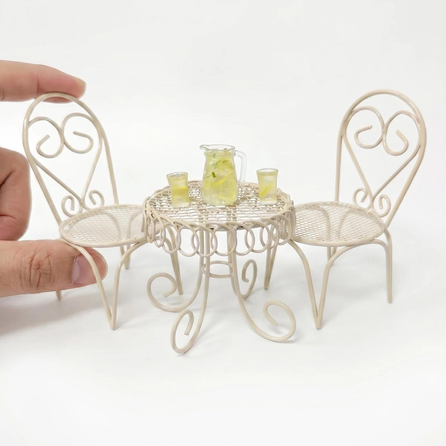 6 PCS Dollhouse Miniature Bistro Table & Chairs Set with Lemonade Pitcher and Cups 1 12 Scale Metal Furniture Fairy Garden Kitchen Decoration Accessories