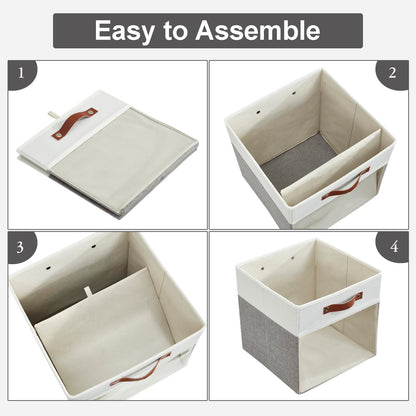 Bagnizer Storage Cubes, 4 Pack Linen Foldable Storage Bins (13 x 13 inch) with Clear Window and 2 Handles, Closet Organizers and Storage for Shelf Closet, Clothes, Books - (Gray and White)