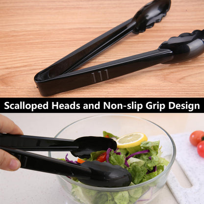 ICHROSAYA 24 Pieces Disposable Serving Tongs, 9" Heavy-Duty Plastic Utensils, BPA-Free, Scalloped Grip Salad Tongs, Perfect for Buffets, BBQ, Parties & Catering, Black