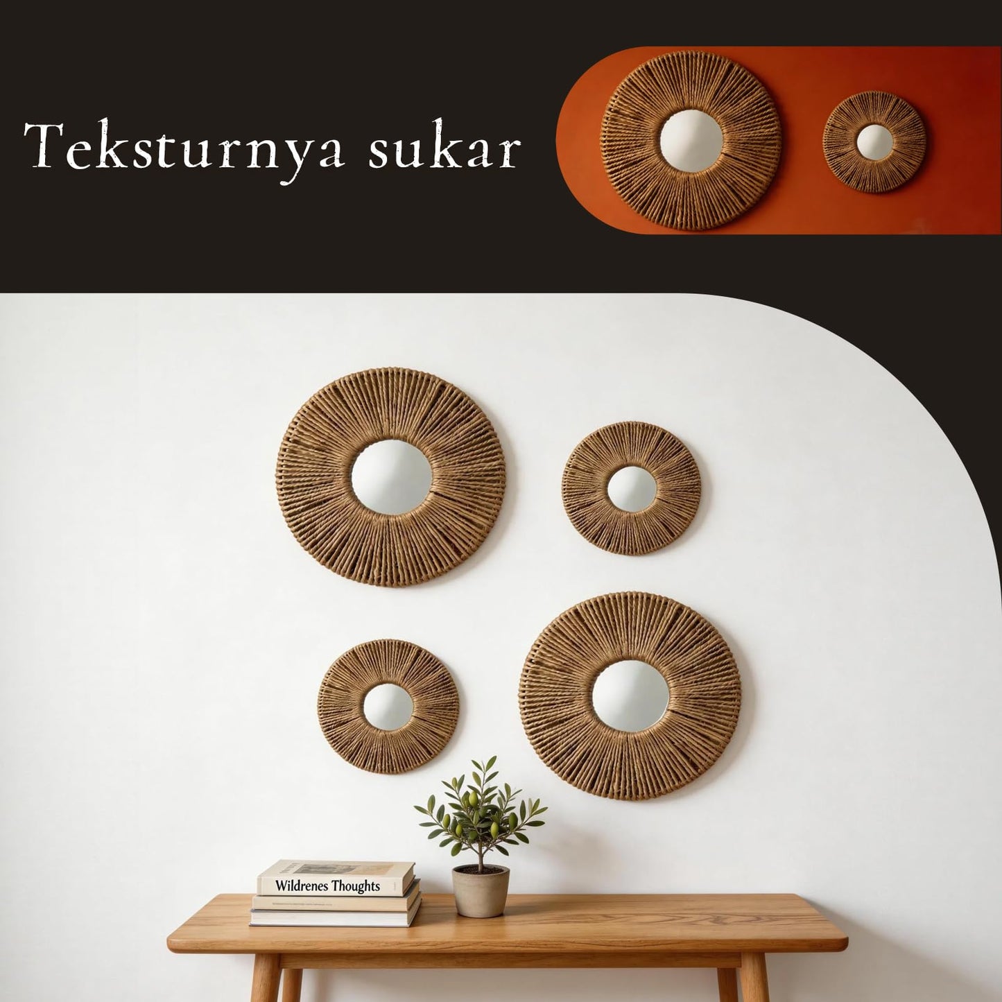 4-Piece Round Wall Decor,Woven Wall Baskets Set, Boho Hanging Baskets Wall Art, Hand Woven Wall Baskets for Living Room Bedroom, Home Decoration
