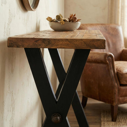 Cortesi Home Austin Console Table, Solid Reclaimed Wood with Black Wood Legs, Honey Pine