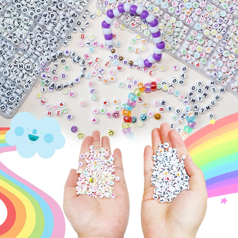 YMSDZHL Alphabet Beads A-Z 1900Pcs Letter Beads, Acrylic 4x7mm Round Letter Beads Kits,Black Digit and Colorful Smile Beads for Bracelets Necklaces DIY Jewelry Making (Black+Colorful,1900+PCS)