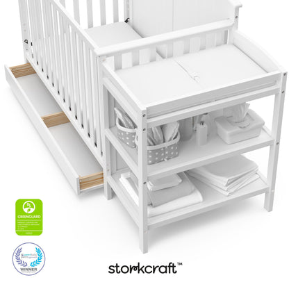 Storkcraft Steveston 5-in-1 Convertible Crib & Changer – GREENGUARD Gold Certified, Fits Standard Crib Mattress, Converts to Toddler Bed and Full Bed, 4 Adjustable Mattress Heights (White)