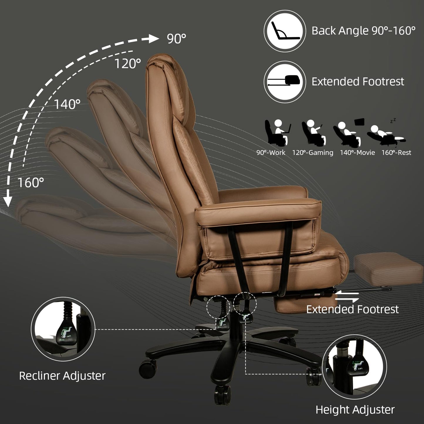 Sucrever Reclining Office Chair with Footrest, Big and Tall Home Office Desk Chairs 400lbs with High Back, Criss Cross Wide Seat, Heavy Duty Base, Pu Leather, Brown
