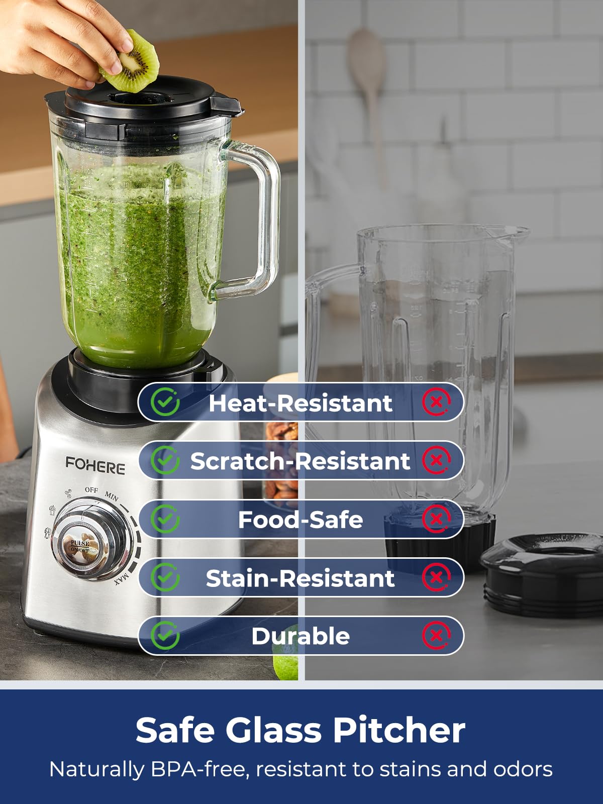 FOHERE Professional Blender Peak 1300W, Countertop Blender with 3 Presets＆ 5 Speeds for Smoothies, Shakes, and Frozen Drinks, 50 Oz Glass Jar ＆20 Oz Tritan Jug