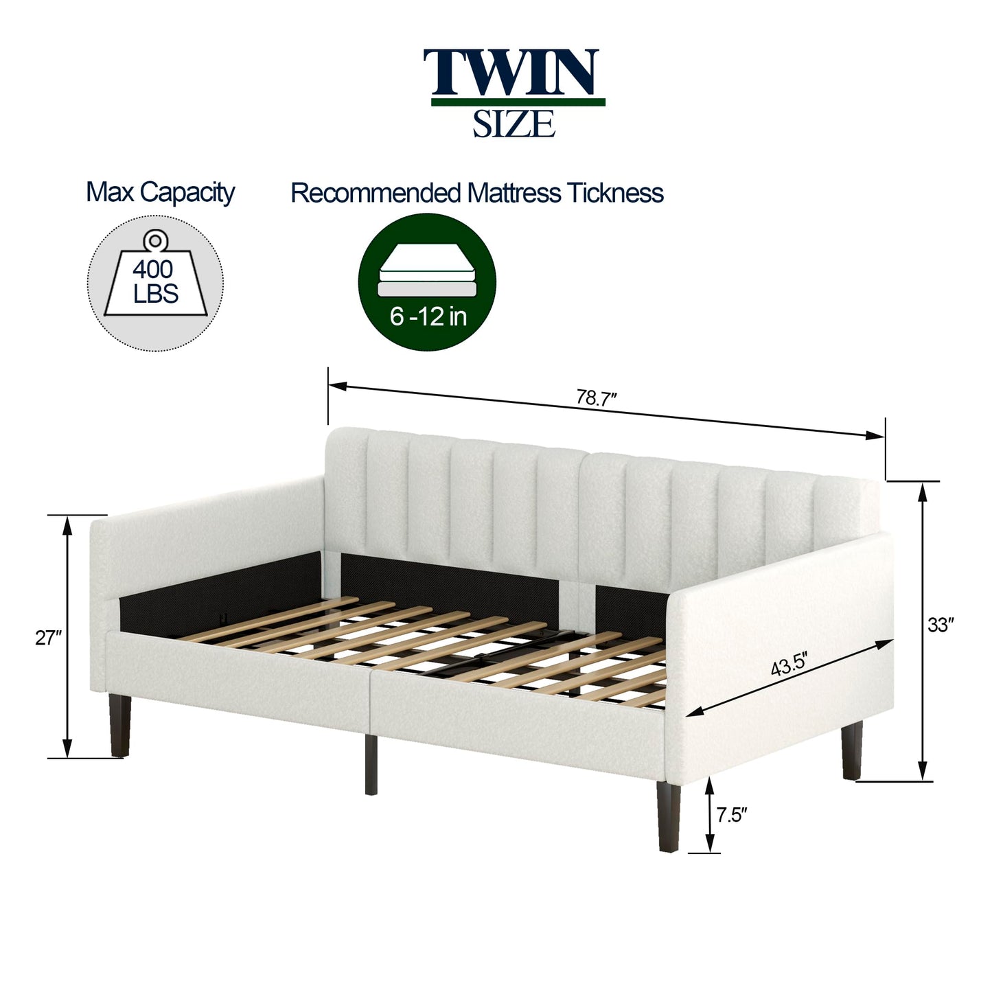 Christopher Knight Home Elena Twin Size Upholstered Daybed, Futon Sofa Bed Ribbed Tufted Backrest Lavish Modern Design, Couch Bed Frame for Bedroom Living Room Guest Room Apartment, Ivory Boucle