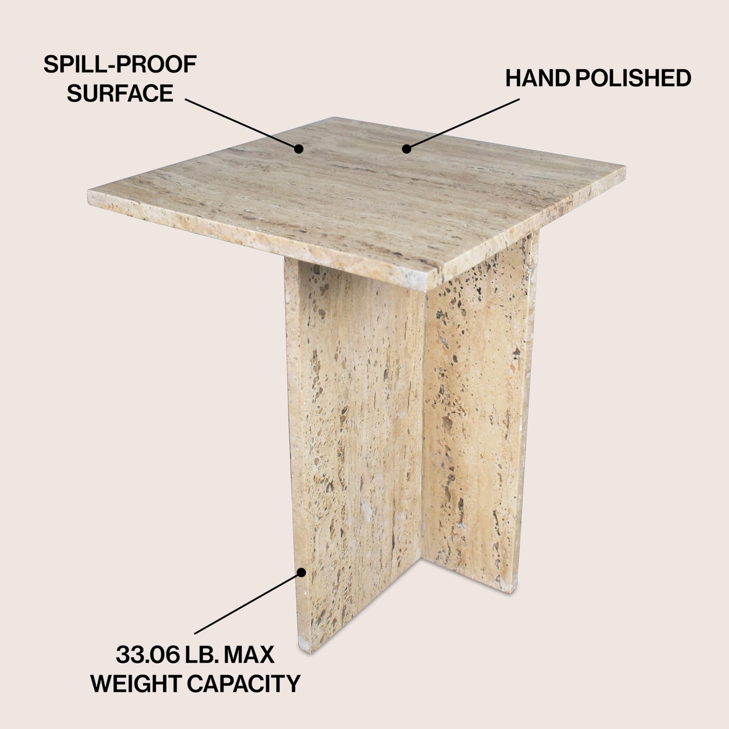 JONATHAN Y Cecil Modern 18.5" Square Natural Marble End Table with Cross Base, Glossy Travertine Solid Stone Accent Side Table for Living Room, Bedroom, Small Spaces, Fully Assembled MTB1104B