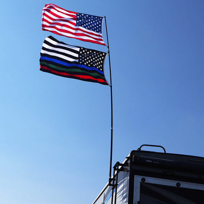 The Traveler Two Flag RV Ladder Flag Pole Kit. Includes Two Beautiful 3’x5’ Flags, Steel RV Flag pole Mount, Fits Standard 1” RV Ladders,14ft Fiberglass Retractable Pole, And A Storage Bag.