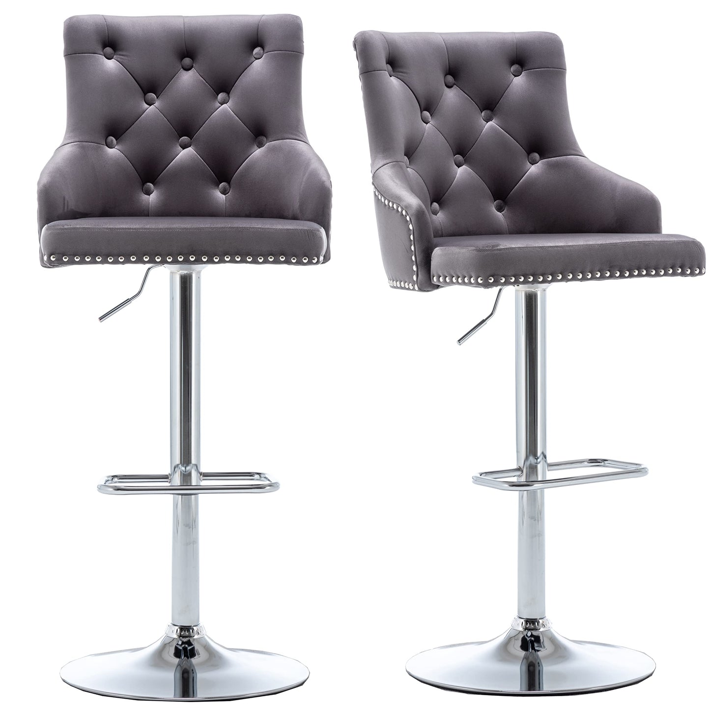 BTEXPERT Set of 2 Premium upholstered Dining 25" - 33" Adjustable High Back Stool Bar Chairs, Gray Tufted Nailhead Trim, (5153GR-2)