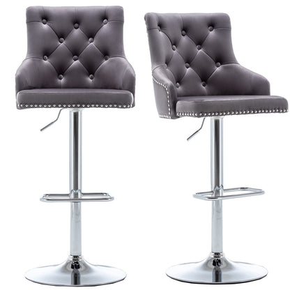 BTEXPERT Set of 2 Premium upholstered Dining 25" - 33" Adjustable High Back Stool Bar Chairs, Gray Tufted Nailhead Trim, (5153GR-2)