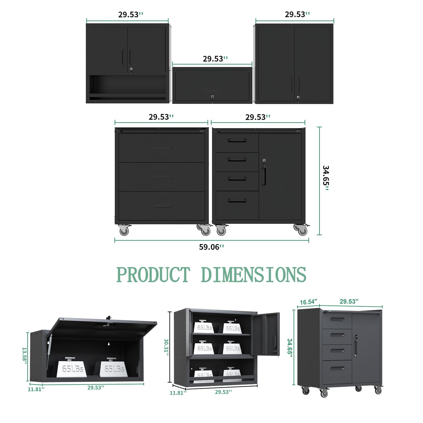 VIYET 5-Piece Rolling Garage Tool Cabinet Set,Heavy Duty Steel Garage Storage System with Wall Cabinet & Mobile Rolling Tool Chest,Lockable Adjustable Shelving Combo for Workshop Organization,Black