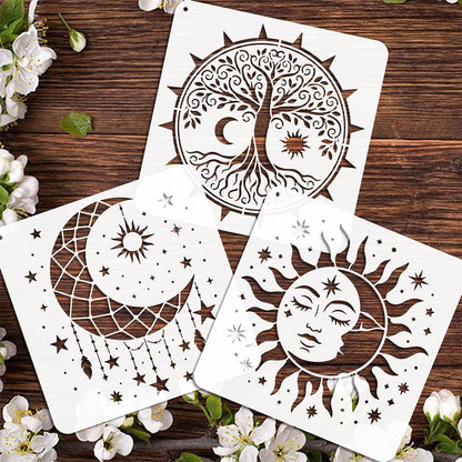 EVERJOYCRAFT 12pcs Mandala Sun and Moon Stencils for Painting 11.8"x11.8" Plastic Drawing Stencils for Crafts Reusable Star Tree Templates with Brushes Painting on Wood Wall Furniture Canvas Scrapbook