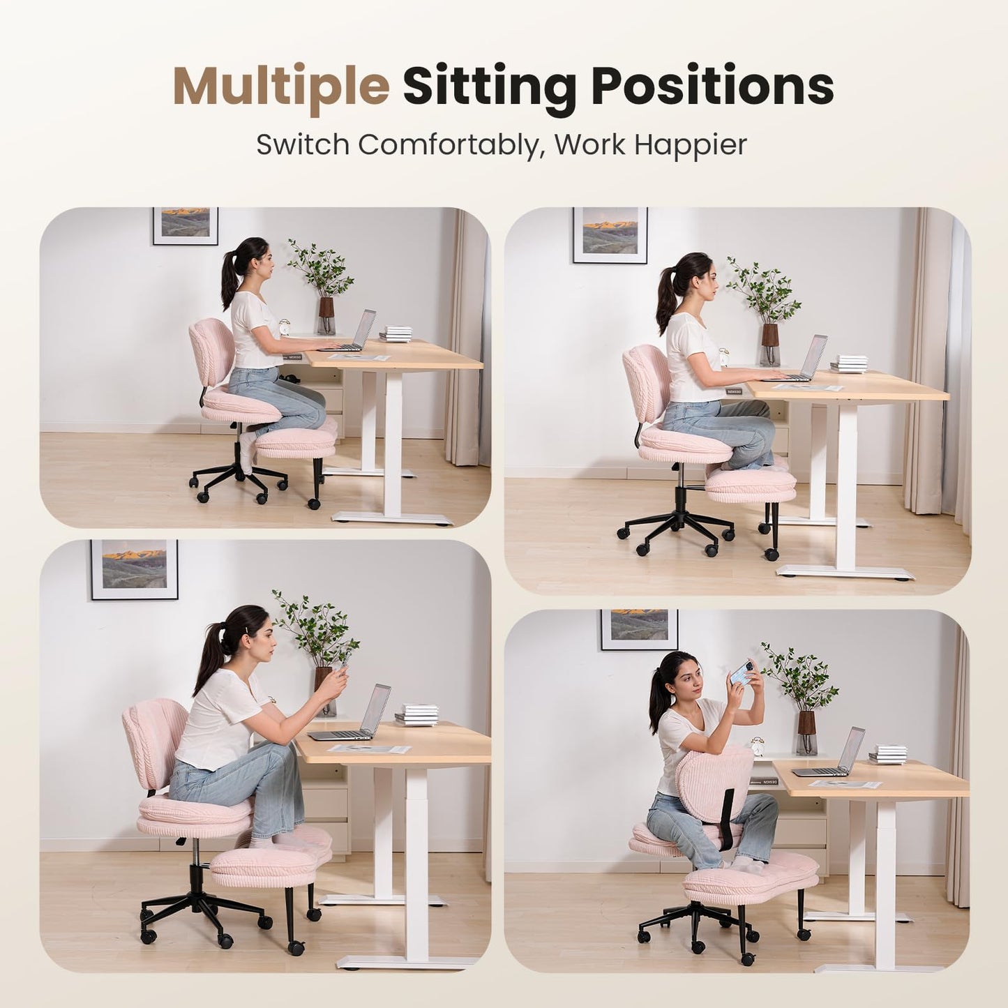 HOMRELEXA Extra-Wide & Tall Cross-Legged Office Chair – Deeply-Padded Cloud Seat, Ergonomic Back Support, Adjustable Height for ADHD & Meditation, Pink