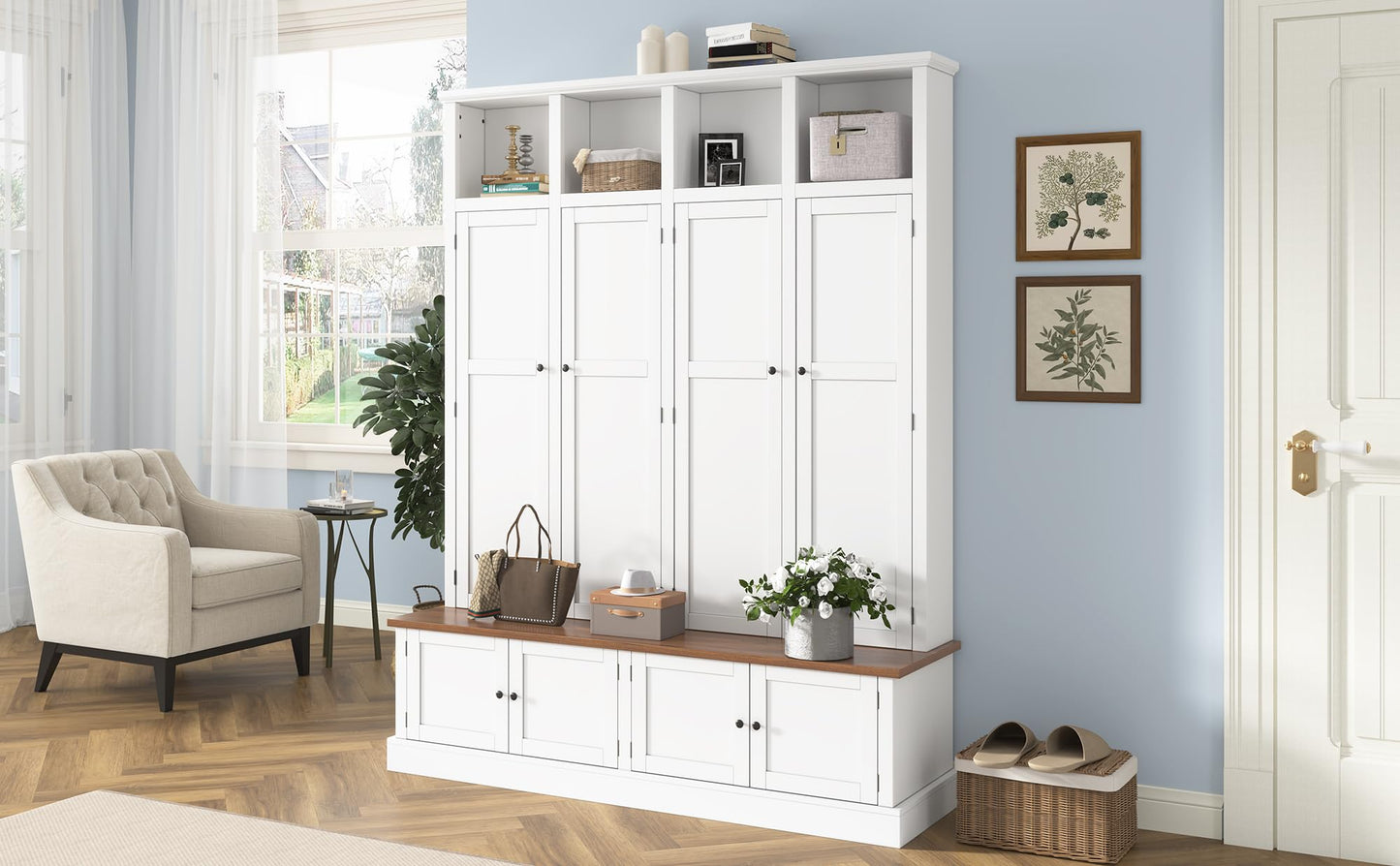 Hall Tree with Bench and Shoe Storage, Entryway Coat Rack with Cabinet, 4-in-1 Mudroom Bench with Hooks and Open Cubbies, Clothes Rack for Hanging Closet, Entryway Organizer for Hallway Living Room,A1