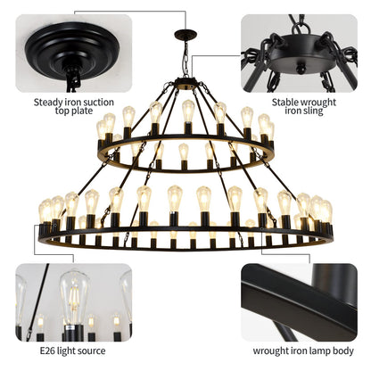 WOGON WEEL Wagon Wheel Chandelier 2 Tier 54-Light 60-inch, Farmhouse Industrial Chandelier Black Rustic Pendant Light Fixture Extra Large for High Ceilings, Living Room Foyer