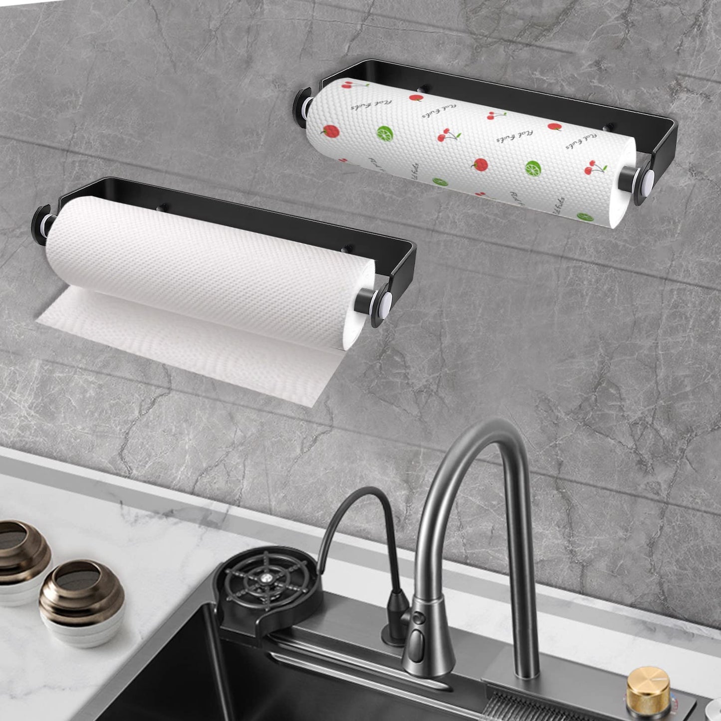 PEDORUBY Under Cabinet Paper Towel Holder, Adhesive or Drill Mount Paper Towel Holder, Wall Mount Paper Towel Holders for Kitchen or Bathroom (Black) 2 Pack